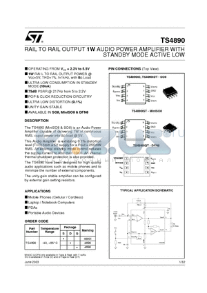 TS4890ID datasheet - RAIL TO RAIL OUTPUT 1W AUDIO POWER AMPLIFIER WITH STANDBY MODE ACTIVE LOW