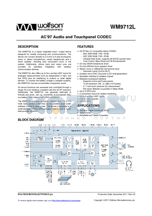 WM9712CLGEFL/V datasheet - AC97 Audio and Touchpanel CODEC