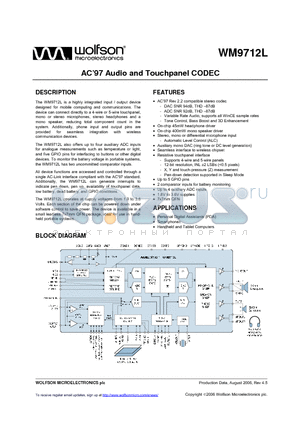 WM9712LGEFL/RV datasheet - AC97 Audio and Touchpanel CODEC