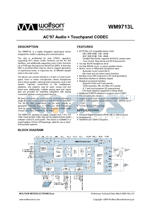 WM9713 datasheet - AC 97 AUDIO  TOUCHPANEL CODEC