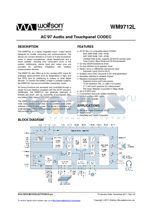 WM9712L_11 datasheet - AC97 Audio and Touchpanel CODEC