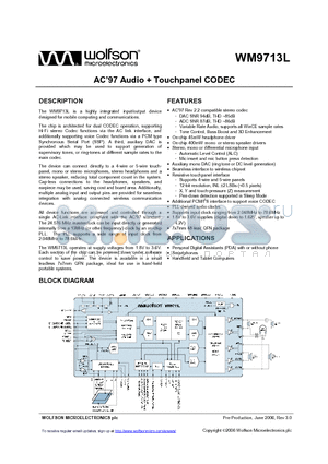 WM9713L datasheet - AC 97 Audio  Touchpanel CODEC