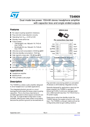 TS4909 datasheet - Dual mode low power 150mW stereo headphone amplifier with capacitor-less and single-ended outputs
