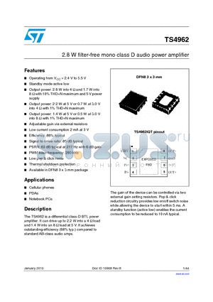 TS4962_10 datasheet - 2.8 W filter-free mono class D audio power amplifier