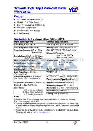 WMA-1005A3 datasheet - 10-15Watts Single Output Wallmount adapter WMA series