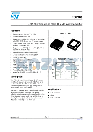 TS4962 datasheet - 2.8W filter-free mono class D audio power amplifier