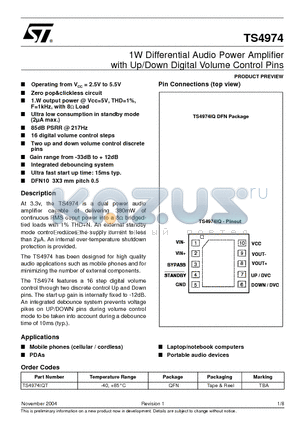 TS4974 datasheet - 1W Differential Audio Power Amplifier with Up/Down Digital Volume Control Pins