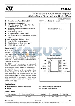TS4974IQT datasheet - 1W Differential Audio Power Amplifier with Up/Down Digital Volume Control Pins