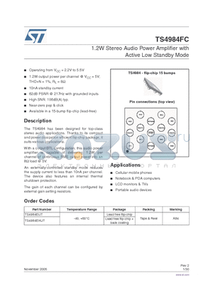 TS4984EIJT datasheet - 1.2W Stereo Audio Power Amplifier with Active Low Standby Mode