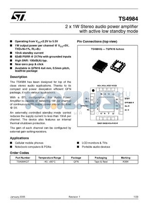 TS4984 datasheet - 2 x 1W Stereo audio power amplifier with active low standby mode