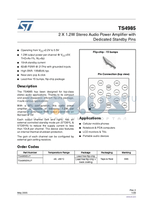 TS4985EKIJT datasheet - 2x1.2w Stereo Audio Power Amplifier with Dedicated Standby Pins