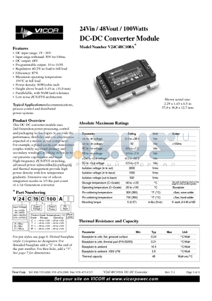 V24C15C100A datasheet - 24Vin / 48Vout / 100Watts DC-DC Converter Module