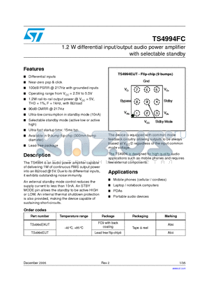 TS4994EIJT datasheet - 1.2 W differential input/output audio power amplifier with selectable standby