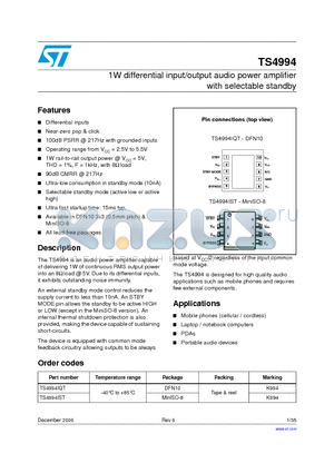 TS4994IQT datasheet - 1W differential input/output audio power amplifier with selectable standby