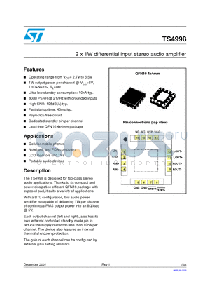 TS4998IQT datasheet - 2 x 1W differential input stereo audio amplifier