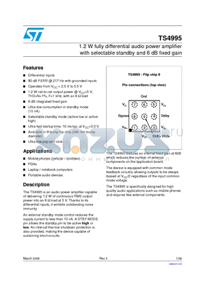 TS4995EIJT datasheet - 1.2 W fully differential audio power amplifier with selectable standby and 6 dB fixed gain