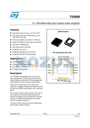 TS4998 datasheet - 2 x 1W differential input stereo audio amplifier