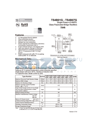 TS4B04G datasheet - Single Phase 4.0 AMPS. Glass Passivated Bridge Rectifiers