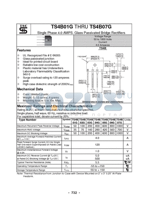 TS4B05G datasheet - Single Phase 4.0 AMPS. Glass Passivated Bridge Rectifiers