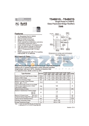TS4B06G datasheet - Single Phase 4.0 AMPS. Glass Passivated Bridge Rectifiers
