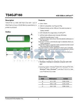 TS4GJF160 datasheet - 4GB USB2.0 JetFlash