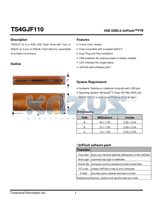 TS4GJF110 datasheet - 4GB USB2.0 JetFlash110