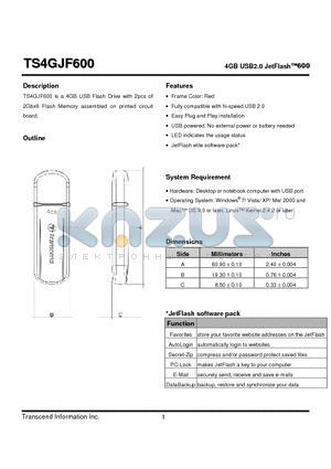 TS4GJF600 datasheet - 4GB USB2.0 JetFlash600