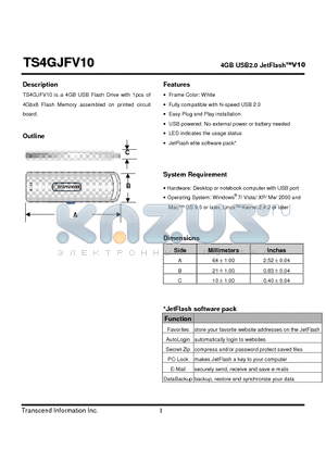 TS4GJFV10 datasheet - 4GB USB2.0 JetFlashV10