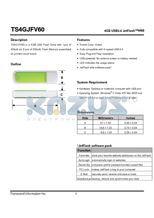 TS4GJFV60 datasheet - 4GB USB2.0 JetFlashV60