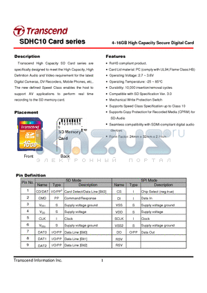 TS4GSDHC10 datasheet - 4~16GB High Capacity Secure Digital Card