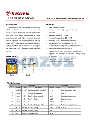 TS4GSDHC150 datasheet - 4GB 150X High Capacity Secure Digital Card