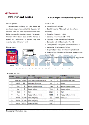 TS4GSDHC2 datasheet - 4~32GB High Capacity Secure Digital Card