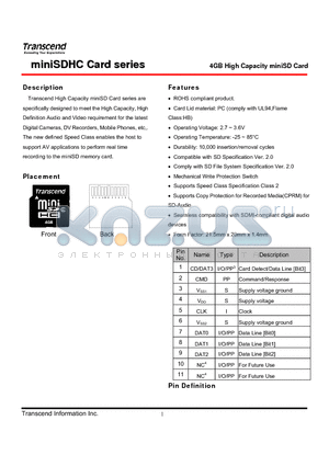 TS4GSDMHC datasheet - 4GB High Capacity miniSD Card