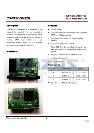 TS4GSDO22H datasheet - 22P Horizontal Type SATA Flash Modules