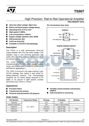 TS507 datasheet - High Precision Rail-to-Rail Operational Amplifier