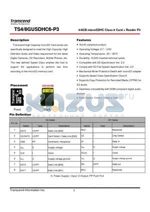 TS4GUSDHC6-P3 datasheet - 4/8GB microSDHC Class 6 Card  Reader P3