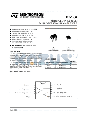 TS512AIA datasheet - HIGH SPEED PRECISION DUAL OPERATIONAL AMPLIFIERS