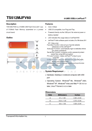 TS512MJFV60 datasheet - 512MB USB2.0 JetFlash