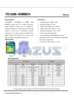 TS512MMC4 datasheet - MMCplus memory card