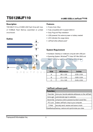 TS512MJF110 datasheet - 512MB USB2.0 JetFlash110