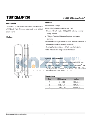 TS512MJF130 datasheet - 512MB USB2.0 JetFlash