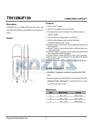 TS512MJF130 datasheet - 512MB USB2.0 JetFlash