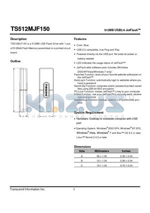 TS512MJF150 datasheet - 512MB USB2.0 JetFlash