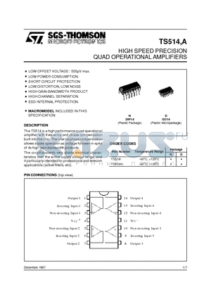 TS514AID datasheet - HIGH SPEED PRECISION QUAD OPERATIONAL AMPLIFIERS