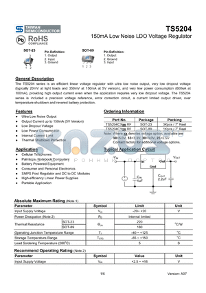 TS5204 datasheet - 150mA Low Noise LDO Voltage Regulator