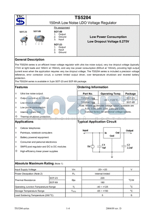 TS5204CY datasheet - 150mA Low Noise LDO Voltage Regulator