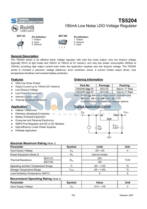 TS5204CY datasheet - 150mA Low Noise LDO Voltage Regulator