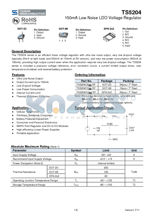 TS5204CYRF datasheet - 150mA Low Noise LDO Voltage Regulator