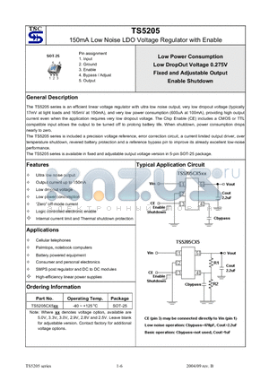 TS5205CX5 datasheet - 150mA Low Noise LDO Voltage Regulator with Enable