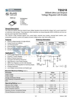 TS5218 datasheet - 800mA Ultra Low Dropout Voltage Regulator with Enable